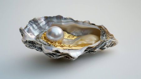 Elegant oyster shell with a shiny pearl nestled inside, showcasing natural beauty and luxury. Ideal for representing sophistication and marine life.の素材