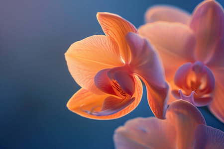 Delicate pink orchid flower with intricate petals, beautifully lit against a soft blue background, emphasizing elegance and natures beauty.の素材