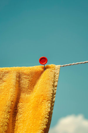 Bright yellow towel hanging on a clothesline with a red clothespin against a clear blue sky. Laundry and outdoor lifestyle concept.の素材