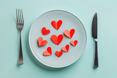 A creative display of red and pink paper hearts on a pale blue plate, conveying feelings of love and affection. Perfect for romantic themes and Valentine's Day.の素材