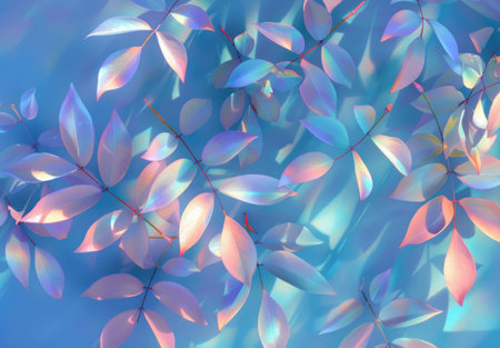 Delicate pastel leaves floating on a soft blue background, creating a serene and harmonious atmosphere with a touch of elegance. Nature and tranquility concept.の素材