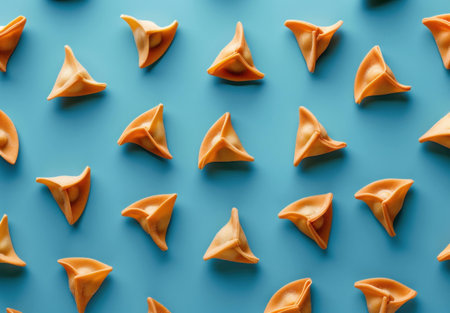 Colorful fortune cookies arranged in a neat pattern on a vibrant blue background. Creative and playful food concept for celebrations.の素材