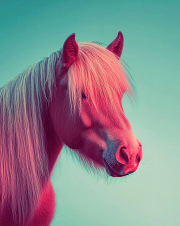 Beautiful pink horse with long mane against a vibrant blue-green background. Animal portrait showcasing unique colors and textures in creative photography.の素材