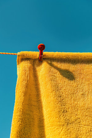 Bright yellow towel hanging on a clothesline against a clear blue sky, symbolizing summer, relaxation, and carefree days. Perfect for laundry and home decor themes.の素材
