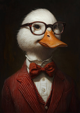 Quirky anthropomorphic duck wearing glasses and a stylish suit with a bow tie, exuding confidence and charm in a creative artistic representation.の素材