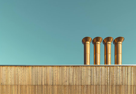 Modern architectural design featuring four industrial chimneys against a clear blue sky, highlighting contemporary minimalism and urban aesthetics.の素材