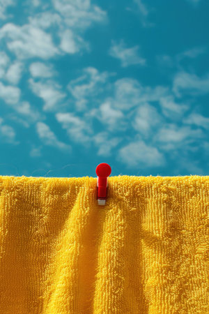 Bright yellow towel hanging on a clothesline, clipped with a red peg under a blue sky with fluffy white clouds. Summer and outdoor concept.の素材