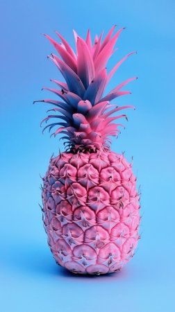 Vibrant pink pineapple on a blue background, showcasing unique colors and a modern aesthetic. Freshness and creativity in fruit presentation concept.の素材