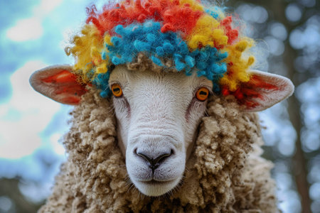 Playful sheep with colorful curly wig looking directly at the camera in a vibrant rural setting. Animal portrait showcasing unique character and charm.の素材