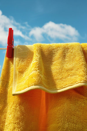 Bright yellow towels hanging on a clothesline, vibrant against a clear blue sky with fluffy white clouds. Laundry and domestic life concept.の素材