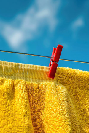 Bright yellow towel hanging on a clothesline with a red clothespin, against a vivid blue sky with fluffy clouds. Freshness and laundry day concept.の素材