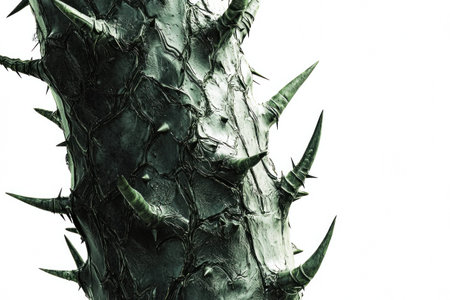 Close-up of a sharp, spiky cactus trunk displaying its unique texture and green color against a white background. Nature and plant details concept.の素材