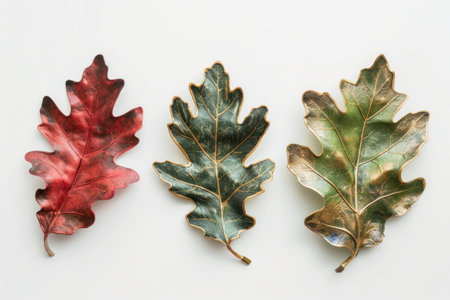 Colorful decorative leaves in red, green, and brown hues arranged on a light background, showcasing autumns natural beauty and artistry in design.の素材