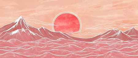 Serene landscape with mountains and a large sunset, featuring soft coral and pink tones, creating a tranquil and dreamy atmosphere perfect for relaxation.の素材