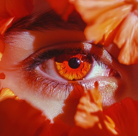 Stunning close-up of a womans eye surrounded by vibrant orange flowers, showcasing natural beauty and intricate details in a colorful floral composition.の素材