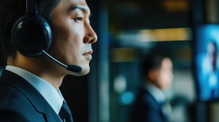 Professional Asian man wearing a headset, focused on his work in a modern office environment. Technology and communication concept.の素材