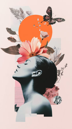 Serene profile of a woman with floral elements and a butterfly, set against a warm orange sun background, conveying beauty and nature connection.の素材