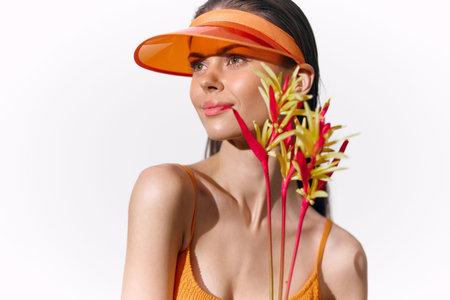 Fashionable summer portrait of a model in bright orange attire with flowers, showcasing a vibrant and joyful mood, perfect for seasonal campaigns.の写真素材
