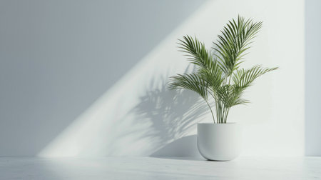 Minimalistic indoor plant in a bright white interior, showcasing greenery, tranquility, and a contemporary design aesthetic perfect for home decorの素材