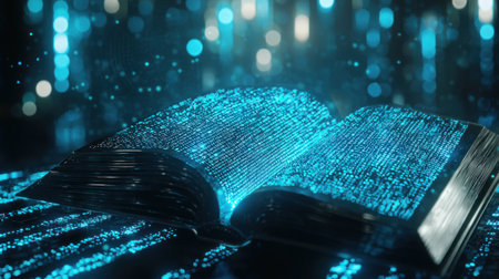 Open book with glowing blue binary code background, symbolizing digital knowledge and technology innovation Emotionally engaging, futuristic concept, ideal for tech related themesの素材