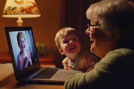 Happy grandmother and grandson video chatting, sharing joyful moments, with warm lighting and soft colors, highlighting family bonds and connectionの素材