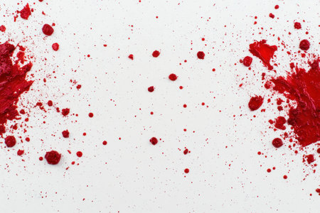 Abstract red paint splatters on a white background, showcasing vibrant colors and dynamic textures for artistic designsの素材