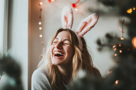 Smiling woman wearing bunny ears, celebrating the joyful atmosphere of the Christmas season with festive lights in the backgroundの素材