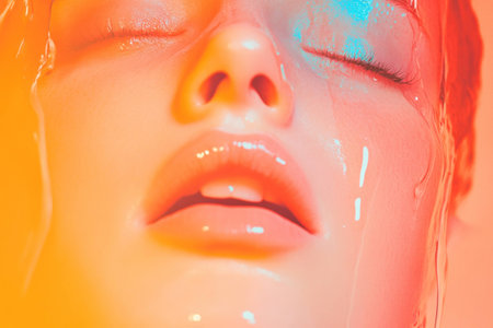 Abstract beauty portrait of a woman with colorful wet skin, evoking emotions of serenity and reflection, ideal for health and beauty themesの素材