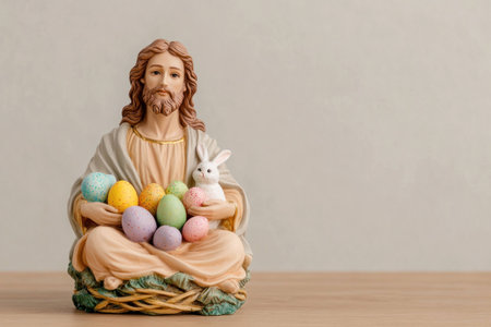 A religious figurine depicting Jesus holding colorful Easter eggs and a bunny, symbolizing renewal and spring, perfect for festive celebrations and decorの素材