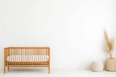 Minimalist nursery interior with a wooden crib and cozy decor for a calming atmosphere, perfect for a child s room or baby shower eventの素材