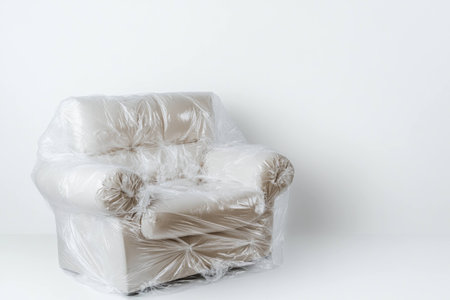 Modern beige armchair wrapped in plastic, symbolizing protection and preservation, minimalistic decor, white background, contemporary design, home furnishingsの素材