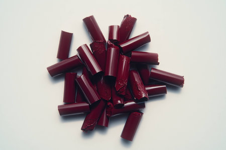 Aesthetic arrangement of broken red lipstick pieces on a light background, showcasing beauty and fashion trends with vibrant colors and seasonal themesの素材
