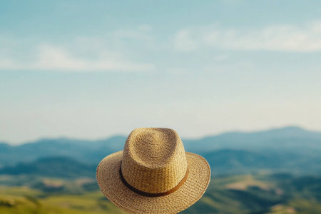 A person enjoying a serene landscape while wearing a straw hat, embodying tranquility and a connection with nature, perfect for summer themesの素材