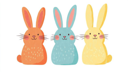 Cute colorful cartoon rabbits, ideal for Easter themed designs, featuring orange, blue, and yellow shades, perfect for children s illustrations and springtime usesの素材