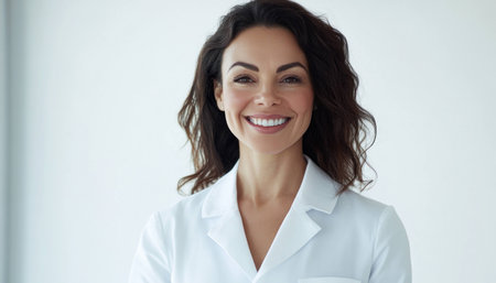Smiling female healthcare professional in a white lab coat, representing confidence and care in a modern clinical setting with a light backgroundの素材