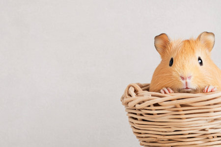 Cute golden guinea pig peeking from a wicker basket, showcasing curiosity and warmth in a soft, neutral background, perfect for pet lovers and animal enthusiastsの素材
