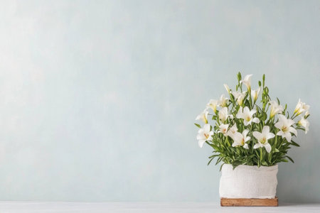 Elegant white lily bouquet in a rustic vase against a soft blue background, perfect for home decor and seasonal celebrations, symbolizing beauty and purityの素材