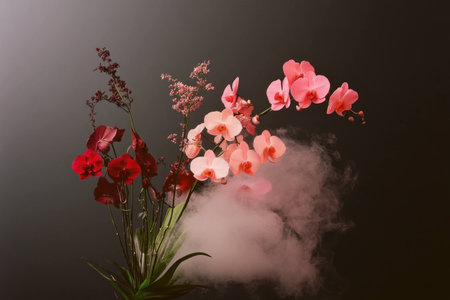 Elegant arrangement of pink and red orchids with soft fog against a dark background, showcasing beauty and serenity in floral designの素材
