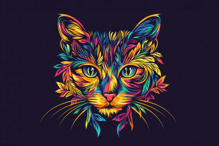 Colorful cat illustration surrounded by vibrant foliage in a dark backdrop, perfect for eco friendly or animal themed designsの素材