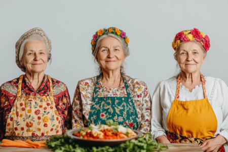 Three joyful elderly women in traditional colorful dresses smiling in the kitchen with fresh vegetables, embodying healthy eating and cultural heritageの素材