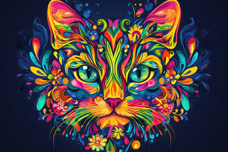 Colorful artistic cat illustration with vibrant flowers, showcasing creativity and joy in a psychedelic style Perfect for pet lovers and art enthusiastsの素材