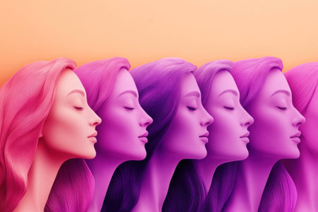 A vibrant illustration of multiple profiles of a woman transitioning through shades of pink and purple, symbolizing beauty and emotional depthの素材