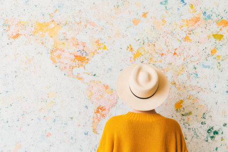 A woman wearing a bright yellow sweater and a white hat stands against a colorful textured wall, embracing a free spirited vibe and joyful emotionsの素材