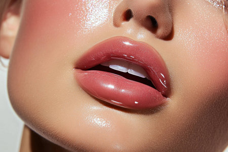 Close up of a woman s glossy lips with a nude lip gloss, showcasing vibrant skin and a healthy glow perfect for beauty and cosmetics photographyの素材