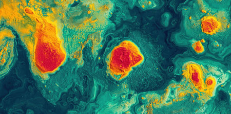 Vibrant abstract landscape in vivid colors, featuring yellow, red, and turquoise hues representing creativity and energyの素材