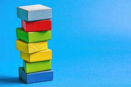 Colorful wooden building blocks stacked against a blue background, showcasing vibrant colors that promote educational play and creativity for childrenの素材