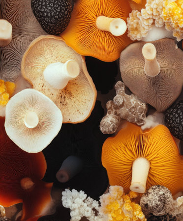 Vibrant collection of assorted mushrooms showcasing a diverse range of colors and textures against a dark background, perfect for culinary themes or nature related contentの素材