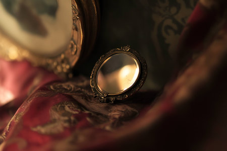 Elegant antique ornate mirror on rich velvet fabric, showcasing reflections in vintage style, ideal for interior decor themes and historical aestheticsの素材