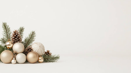 Elegant Christmas arrangement with golden and white ornaments, pinecones and fir branches creating a festive and minimalistic holiday atmosphereの素材