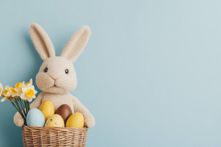 Easter bunny plush toy with colorful eggs in a basket and daffodils against a soft blue background, perfect for spring celebrations and holiday themesの素材
